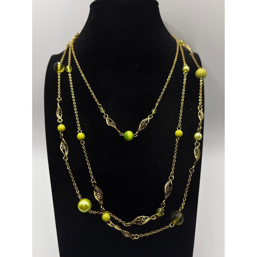 Candie's‎ Long Station Necklace Womens 42" Green Gold Tone Filigree Beaded Layer